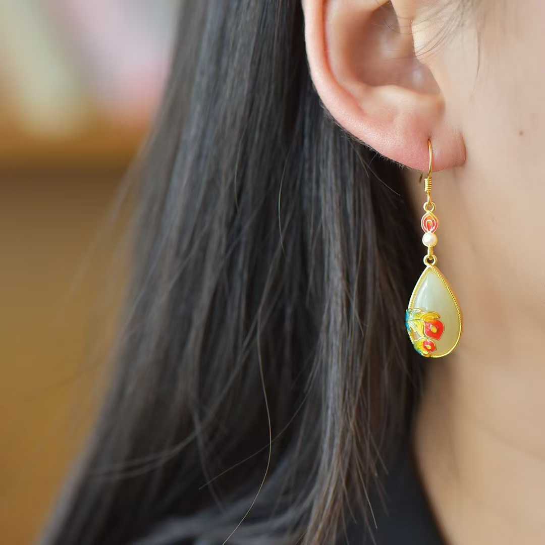 925 Silver Inlaid Nephrite "Falling Feathers" Teardrop Earrings