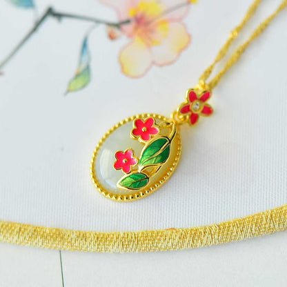 925 Silver Inlaid Nephrite "Blooms in Mid-Summer" Pendant