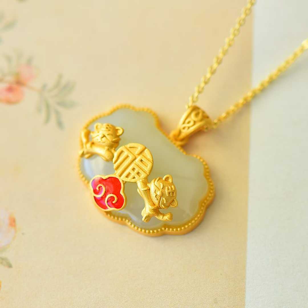 925 Silver Inlaid Nephrite "Ping Ruyi" Cute Tiger Pendant for Attracting Blessings