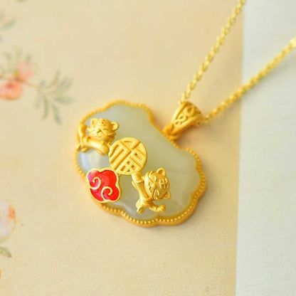 925 Silver Inlaid Nephrite "Ping Ruyi" Cute Tiger Pendant for Attracting Blessings