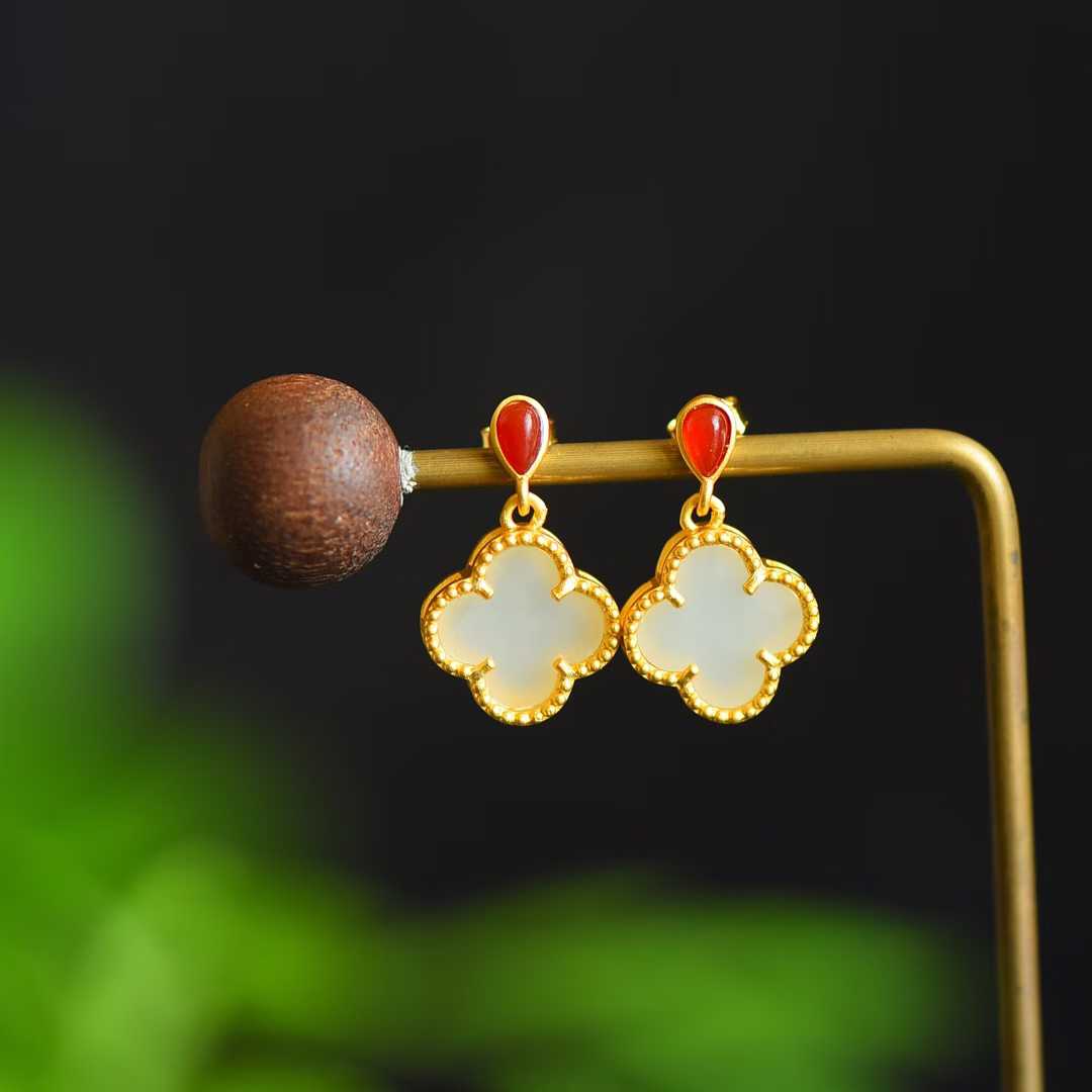 925 Silver Inlaid Nephrite Double-Sided Four-Leaf Clover Earrings