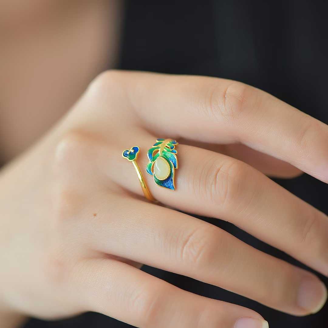 S925 Silver Inlaid Nephrite "Golden Branch Jade Leaf" Enamel Ring