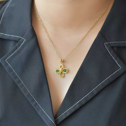 925 Silver Inlaid Hetian Green Nephrite "Lucky Snake Presenting Blessings" Four-Leaf Clover Pendant