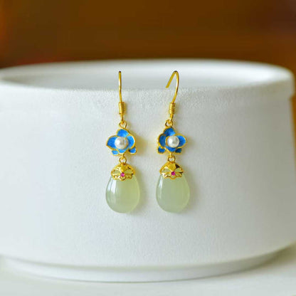 925 Silver Inlaid White Hetian Nephrite "Golden Breeze & Jade Dew" Orchid Stud Earrings