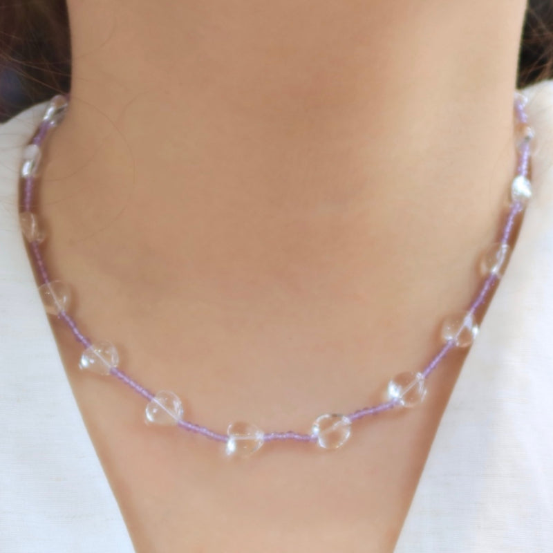 Natural White Crystal Heart & Purple Bubble Collarbone Necklace