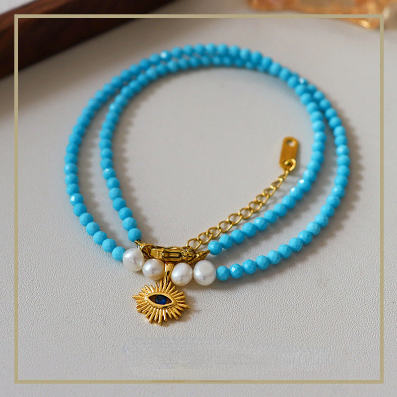 Ladies Vintage Evil Eye Natural Stone Pearl Necklace - jewelryweilin