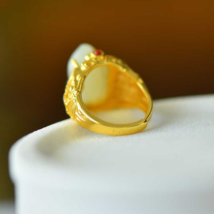 925 Silver Inlaid Hetian Nephrite "Attract Wealth & Treasure" Pixiu Ring