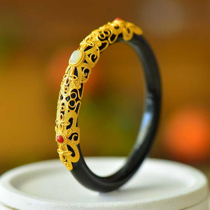 925 Silver Inlaid Hetian Nephrite "Hollowed-Out Cabochon" Bracelet