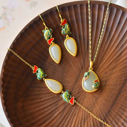Ancient-style silver Hetian nephrite lotus and fish enamel jewelry set - Year After Year Abundance collection