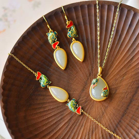 Ancient-style silver Hetian nephrite lotus and fish enamel jewelry set - Year After Year Abundance collection