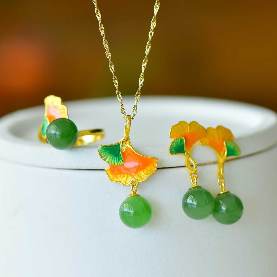 S925 Silver Inlaid Nephrite Green Jade "Apricot Blossoms for You" Jewelry Set