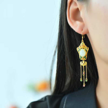 925 Silver Inlaid Hetian Nephrite "Lotus, Blessing, Longevity & Ruyi" Enamel Tassel Earrings