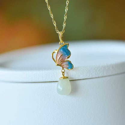 925 Silver Inlaid Hetian Nephrite Butterfly Pendant
