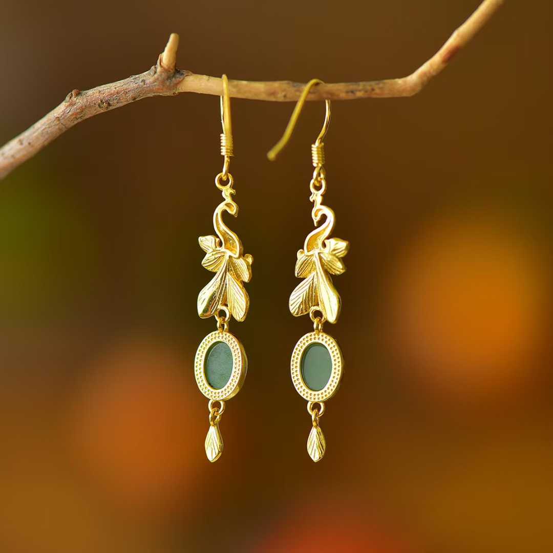 925 Silver Inlaid Hetian Jadeite (Jasper) "Peacock Feather" Earrings