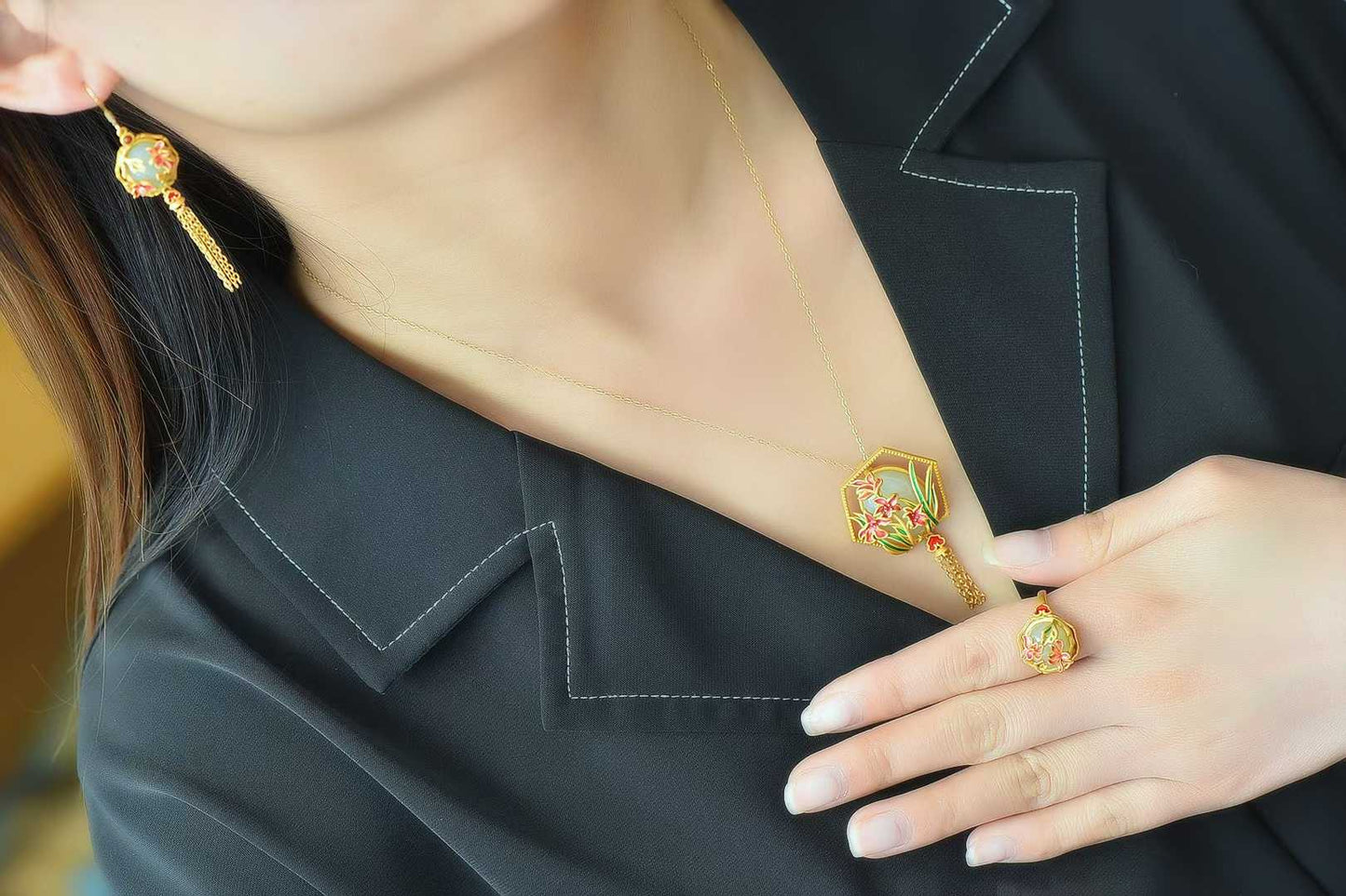 Sterling silver Hetian jade jewelry set - flowers bloom and fortune arrives blessing symbolism"