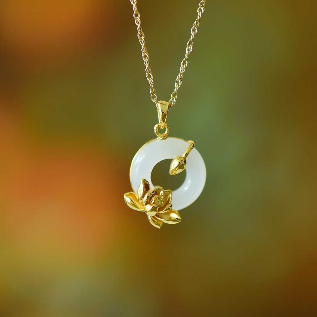 925 Silver Inlaid Hetian Nephrite Peace Ring & Lotus Pendant