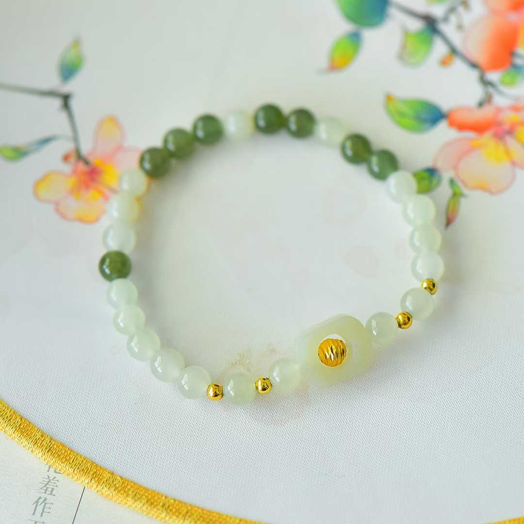 Hetian Nephrite (Sunny Water Material) 6mm Beads & Hollow Lucky Charm Multi-Gem Bracelet