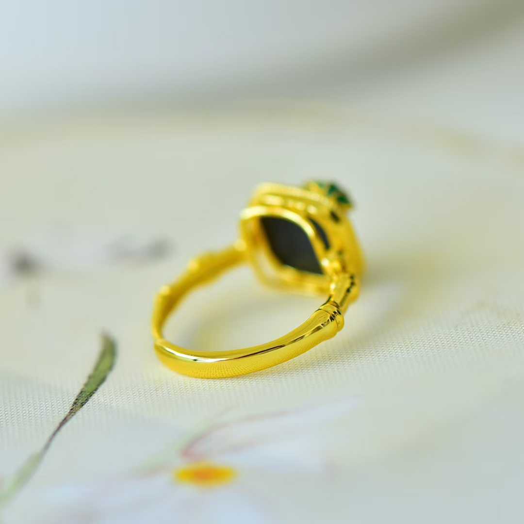 S925 Silver & Hetian Black Nephrite "Small Square Sugar" with Bamboo Joint Ring