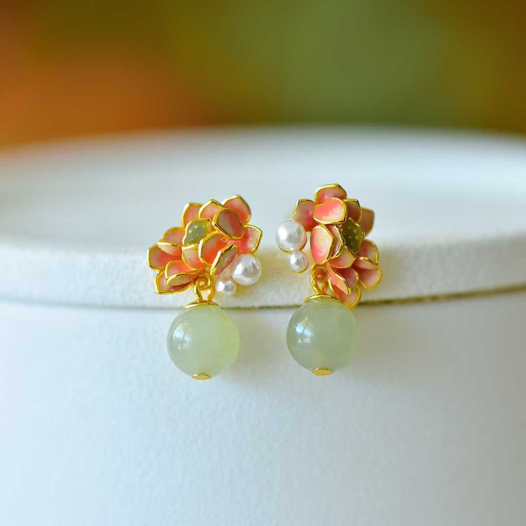 925 Silver Inlaid Hetian Nephrite Lotus Earrings