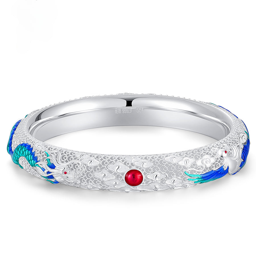 Chinese style enamel dragon and phoenix auspicious hollow filigree closed bracelet