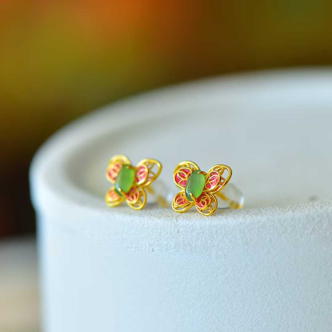 925 Silver Inlaid Hetian Nephrite "Dreamy Butterfly" Stud Earrings