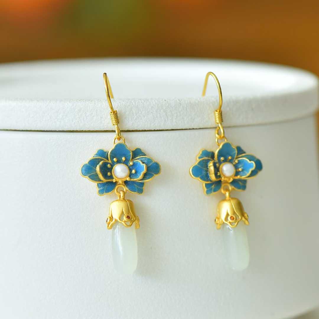 925 Silver Inlaid Hetian Nephrite "Lotus Charm in Gentle Breeze" Earrings