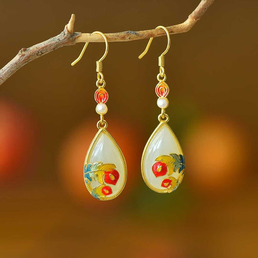 925 Silver Inlaid Nephrite "Falling Feathers" Teardrop Earrings