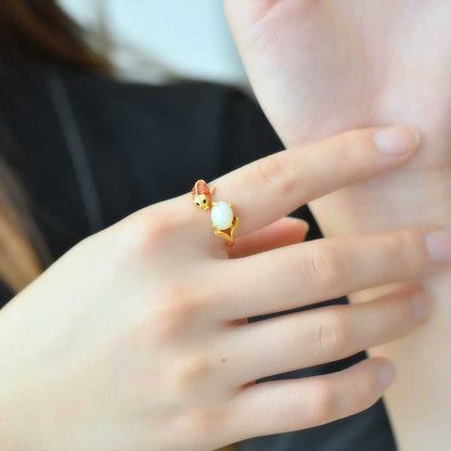 S925 Silver Inlaid Hetian Nephrite "Yearly Surplus (Fish)" Ring