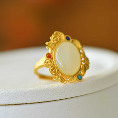 S925 Silver Inlaid Hetian Nephrite "Happiness Before One's Eyes" Ring