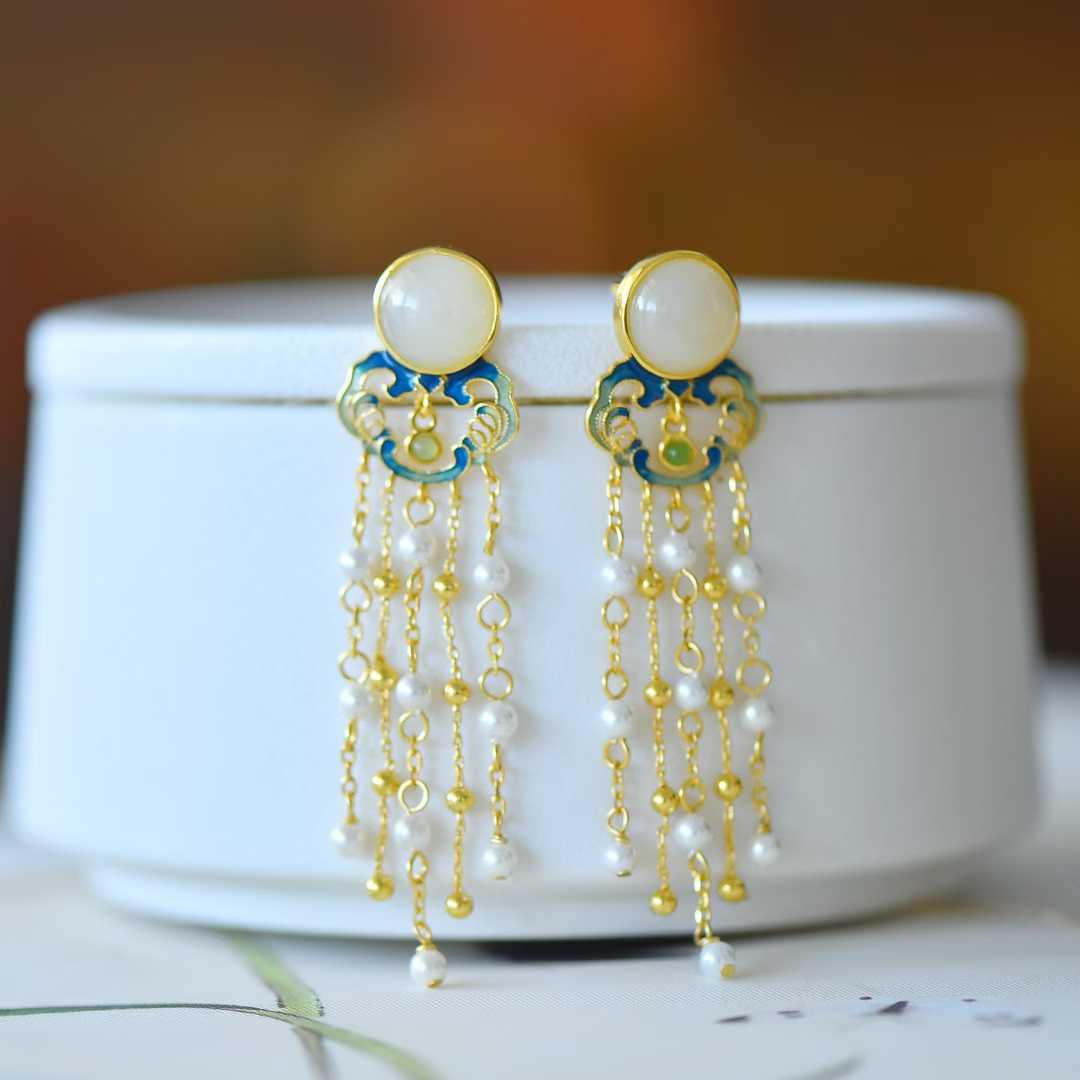 925 Silver Inlaid Hetian Nephrite "Auspicious Clouds Shining" Tassel Earrings