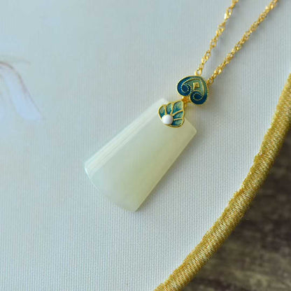 925 Silver-Inlaid Hetian Jade Pendant (Trapezoidal Peace Plaque, "Lotus for Continuous Good Luck" Design)