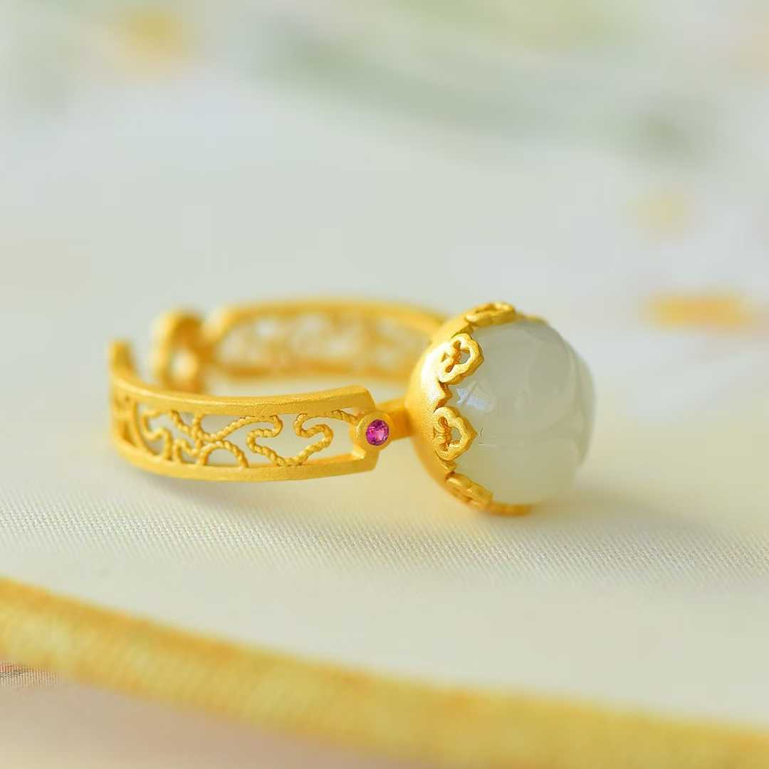 925 Silver Inlaid Nephrite Lotus Bud Ring