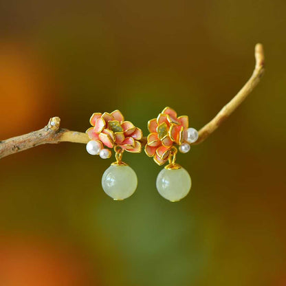 925 Silver Inlaid Hetian Nephrite Lotus Earrings