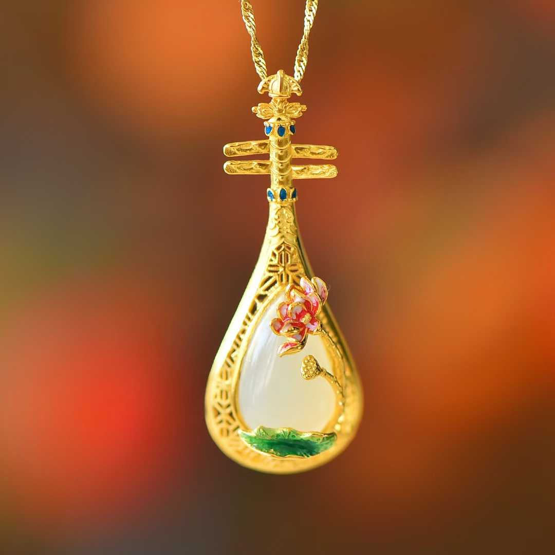 925 Silver-Inlaid Hetian Jade Pendant with "Water Adornments & Wind Garments" Theme & Pipa (Chinese Lute) Design