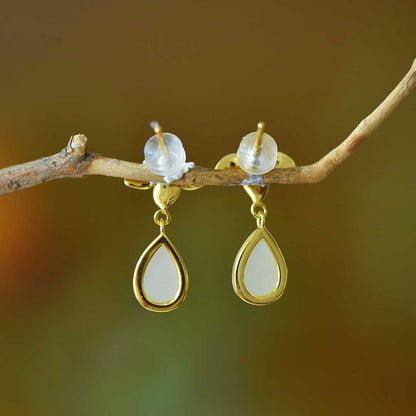 925 Silver Inlaid Hetian Nephrite "Water Drop, Orchid & Enamel" Earrings