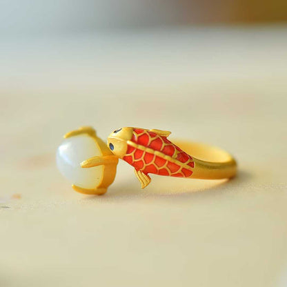 S925 Silver Inlaid Hetian Nephrite "Yearly Surplus (Fish)" Ring