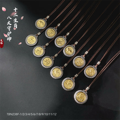Ancient Chinese Zodiac Gold Plated Pendant Braided Rope Necklace - jewelry - weilin.com