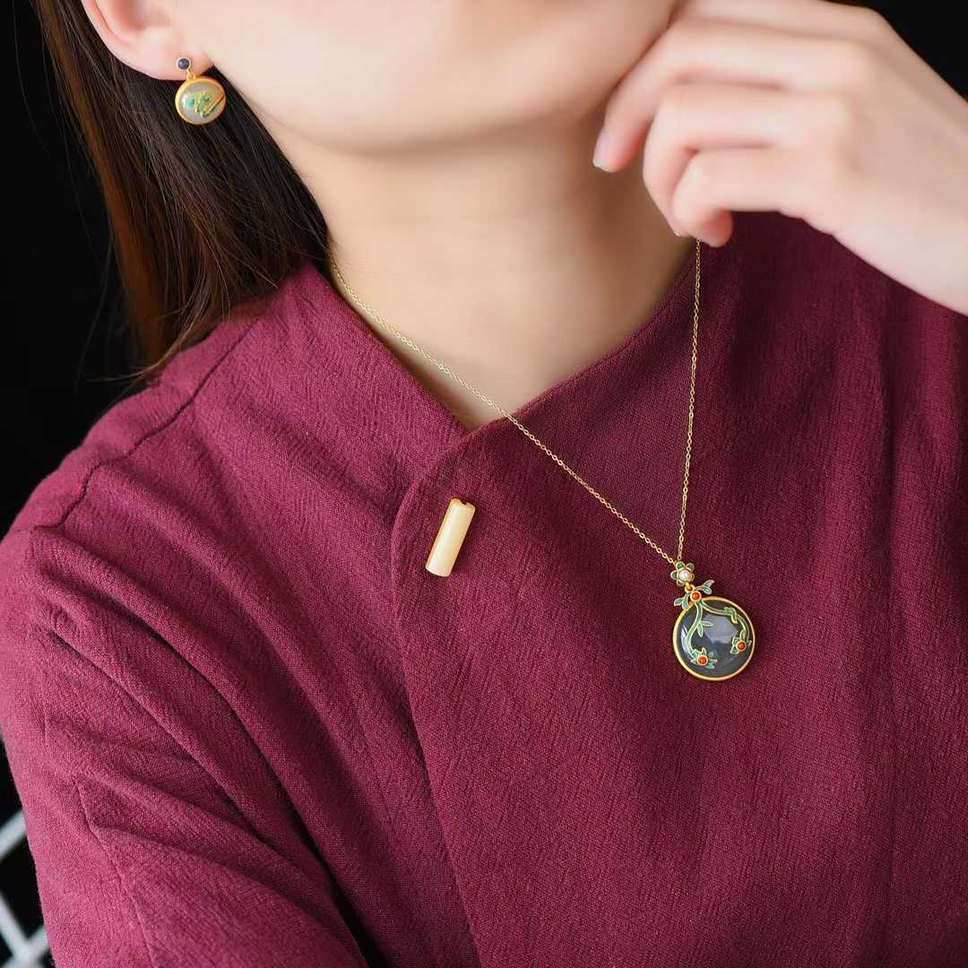 Ancient Craft Silver Hetian Nephrite "Thick Matte Gold" Jewelry Set Series - jewelry - weilin.com