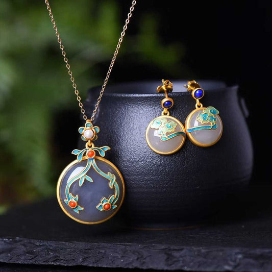 Ancient Craft Silver Hetian Nephrite "Thick Matte Gold" Jewelry Set Series - jewelry - weilin.com