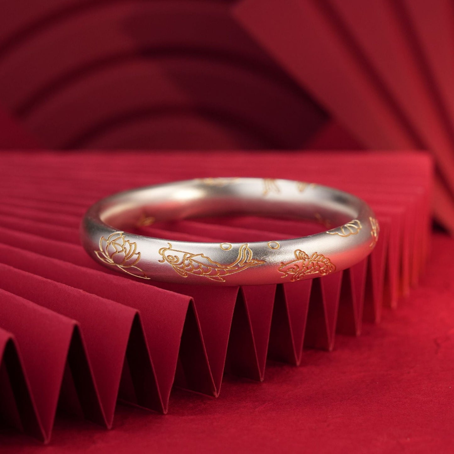 Ancient gold - painted lotus and Pisces sterling silver bracelet - jewelry - weilin.com