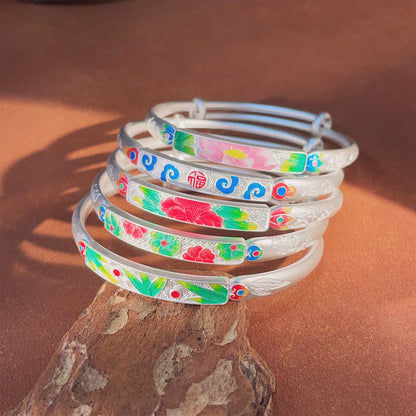 Ancient Peony Enamel Sterling Silver Bracelet - jewelry - weilin.com