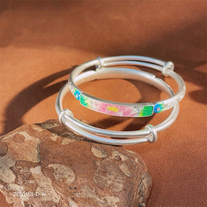 Ancient Peony Enamel Sterling Silver Bracelet - jewelry - weilin.com
