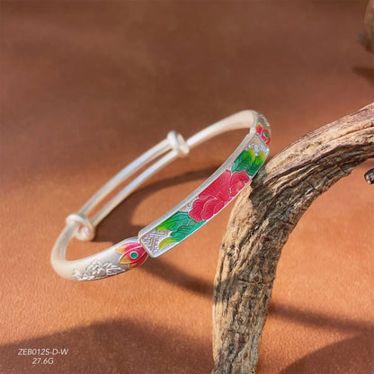Ancient Peony Enamel Sterling Silver Bracelet - jewelry - weilin.com
