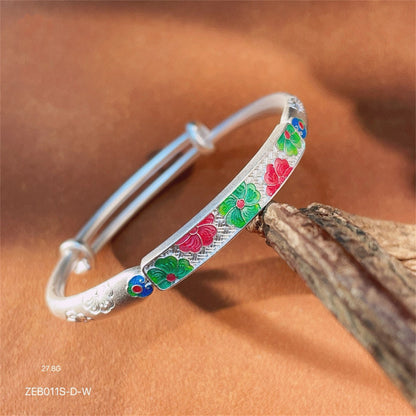 Ancient Peony Enamel Sterling Silver Bracelet - jewelry - weilin.com