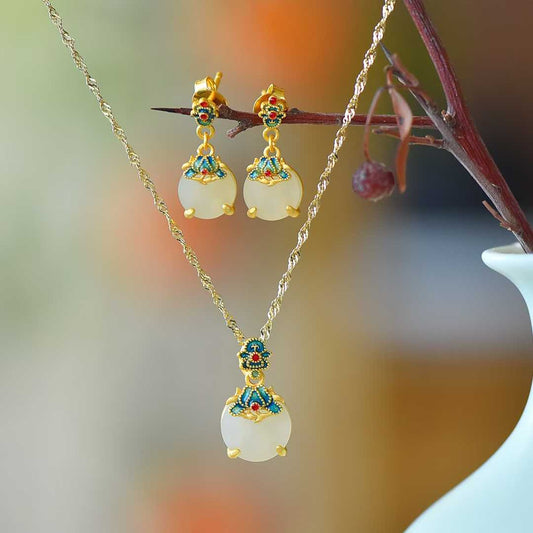 Ancient - Style Silver & Hetian Nephrite Flat Orchid Jewelry Set - jewelry - weilin.com