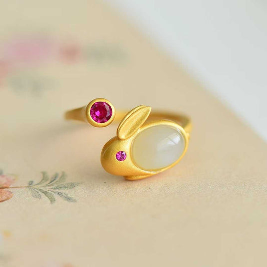 Ancient - Style Silver & Hetian Nephrite Little Rabbit Set with Thick Matte Gold Finish - jewelry - weilin.com