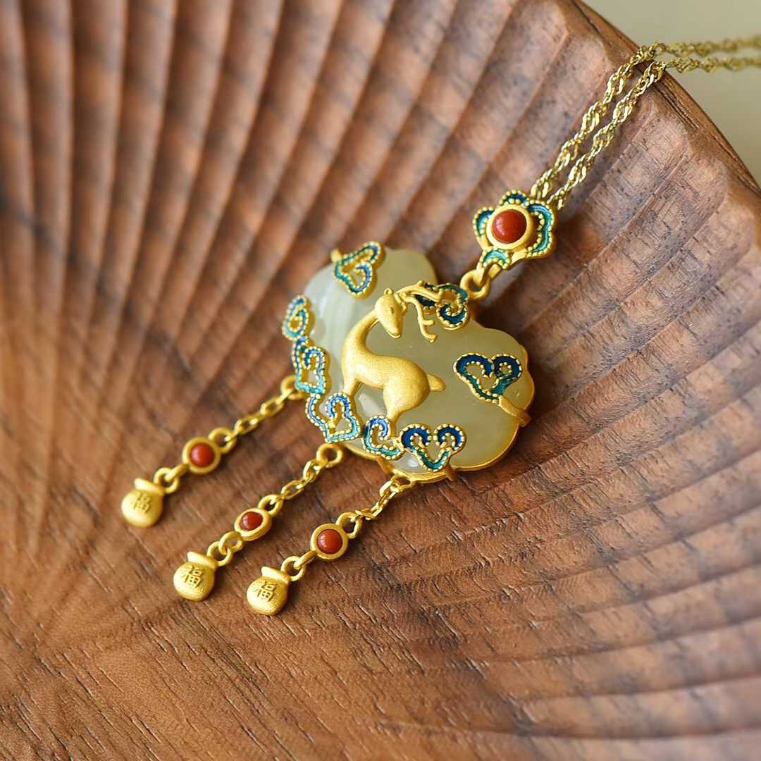Ancient - Style Silver - Inlaid Hetian Jade Enamel Pendant with "Deer (Bringing You Good Fortune)", "Ruyi" & "Lucky Lock" Designs - jewelry - weilin.com