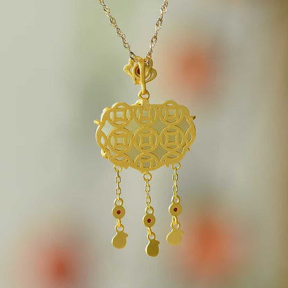 Ancient - Style Silver - Inlaid Hetian Jade Enamel Pendant with "Deer (Bringing You Good Fortune)", "Ruyi" & "Lucky Lock" Designs - jewelry - weilin.com