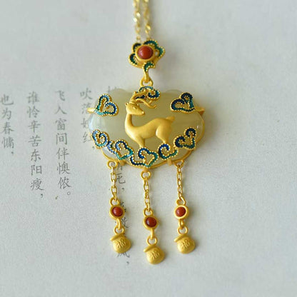Ancient - Style Silver - Inlaid Hetian Jade Enamel Pendant with "Deer (Bringing You Good Fortune)", "Ruyi" & "Lucky Lock" Designs - jewelry - weilin.com