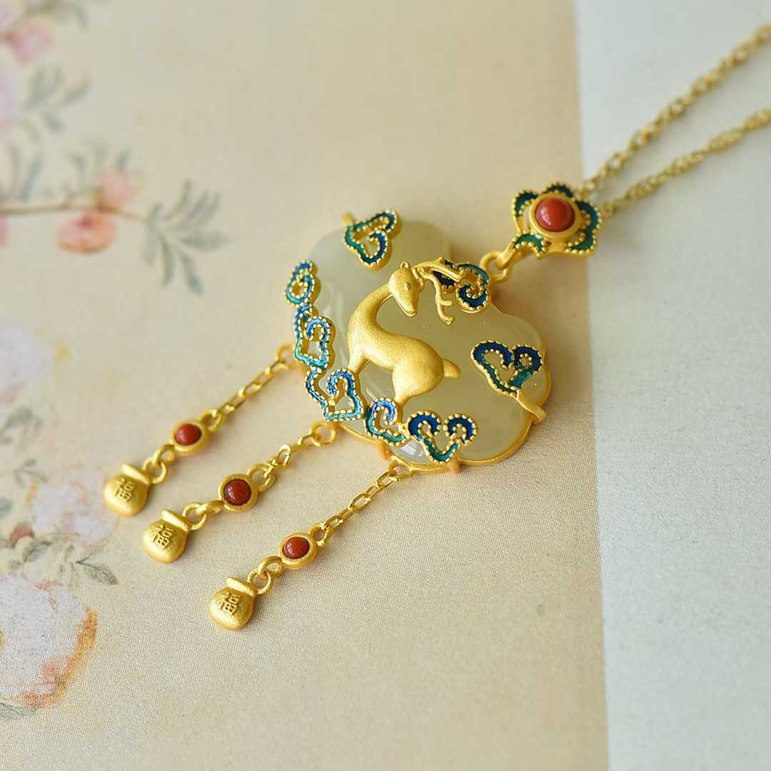 Ancient - Style Silver - Inlaid Hetian Jade Enamel Pendant with "Deer (Bringing You Good Fortune)", "Ruyi" & "Lucky Lock" Designs - jewelry - weilin.com
